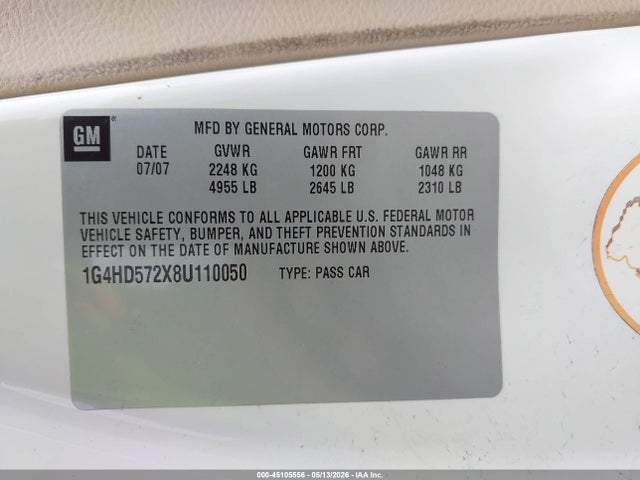 45105556 :رقم المزاد ، 1G4HD572X8U110050 vin ، 2008 Buick Lucerne Cxl مزاد بيع