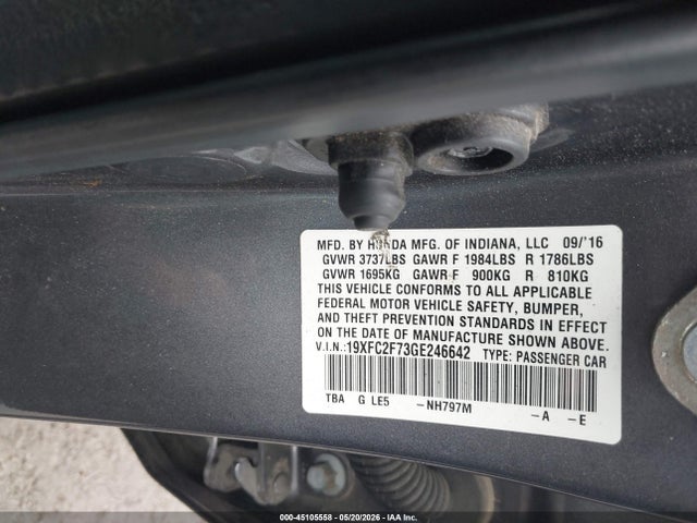 Продаж на аукціоні авто 2016 Honda Civic Ex, vin: 19XFC2F73GE246642, номер лоту: 45105558