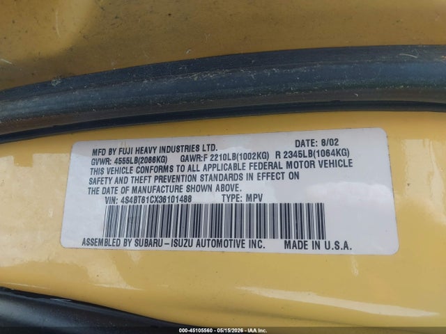 2003 Subaru Baja მანქანა იყიდება აუქციონზე, vin: 4S4BT61CX36101488, აუქციონის ნომერი: 45105560