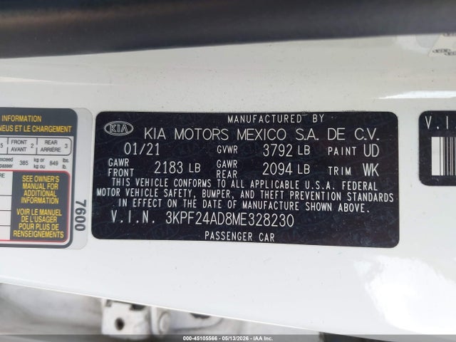 Aukcja sprzedaży 2021 Kia Forte Fe, vin: 3KPF24AD8ME328230, numer aukcji: 45105566