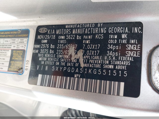 5XYPGDA51KG551515 KIA Sorento 3.3l Lx