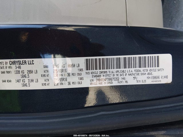 Продаж на аукціоні авто 2008 Chrysler Town & Country Touring, vin: 2A8HR54P78R675352, номер лоту: 45105574