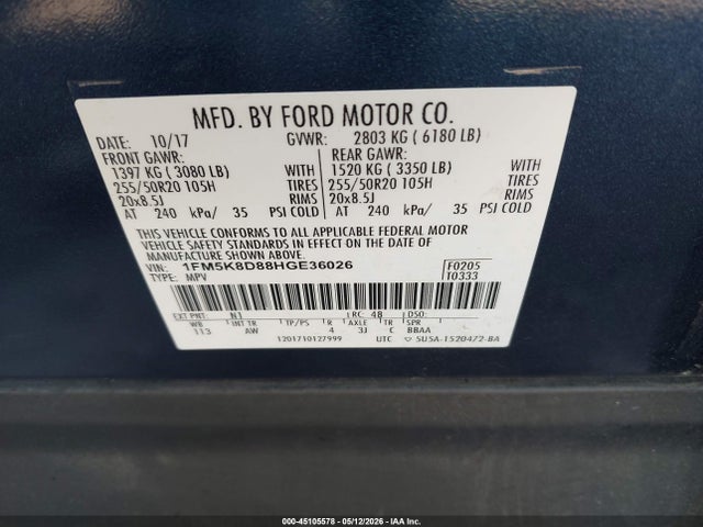 2017 Ford Explorer Xlt მანქანა იყიდება აუქციონზე, vin: 1FM5K8D88HGE36026, აუქციონის ნომერი: 45105578