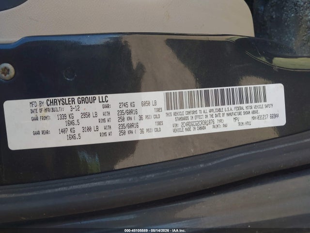 Aukcja sprzedaży 2012 Dodge Grand Caravan Sxt, vin: 2C4RDGCG2CR301876, numer aukcji: 45105589