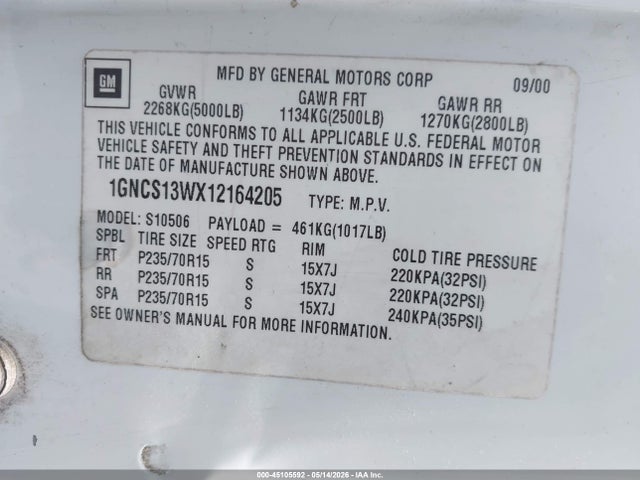 Aukcja sprzedaży 2001 Chevrolet Blazer Lt, vin: 1GNCS13WX12164205, numer aukcji: 45105592