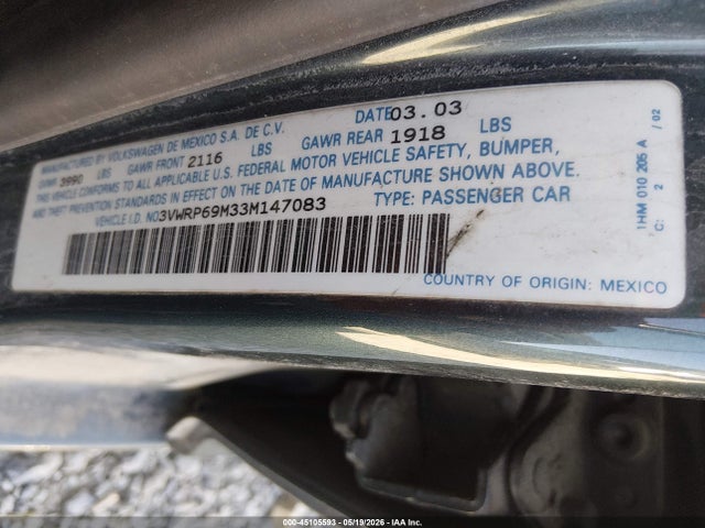 Aukcja sprzedaży 2003 Volkswagen Jetta Gl Tdi, vin: 3VWRP69M33M147083, numer aukcji: 45105593