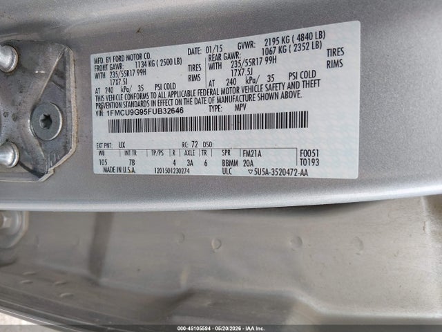 Продаж на аукціоні авто 2015 Ford Escape Se, vin: 1FMCU9G95FUB32646, номер лоту: 45105594
