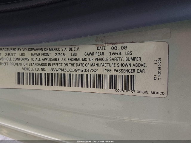 Продажа на аукционе авто 2009 Volkswagen New Beetle 2.5l, vin: 3VWPW31C39M503732, номер лота: 45105595