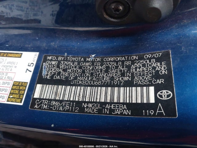 Продаж на аукціоні авто 2008 Toyota Prius, vin: JTDKB20U687711917, номер лоту: 45105598