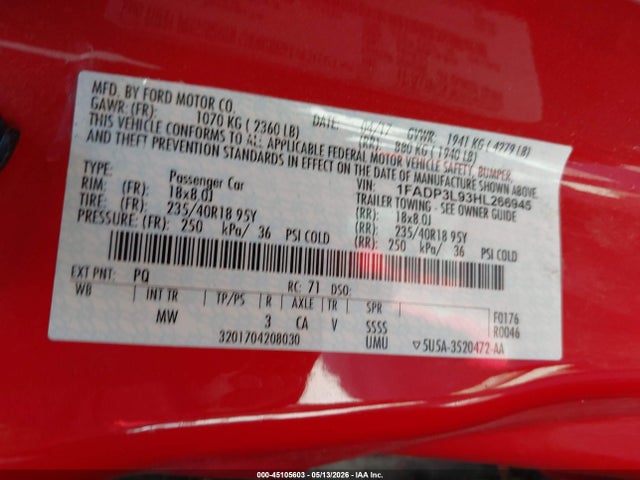 45105603 :رقم المزاد ، 1FADP3L93HL266945 vin ، 2017 Ford Focus St مزاد بيع