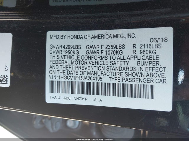 Продажа на аукционе авто 2018 Honda Accord Lx, vin: 1HGCV1F15JA204195, номер лота: 45105606
