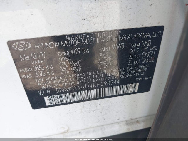 Aukcja sprzedaży 2019 Hyundai Santa Fe Se, vin: 5NMS23AD4KH098944, numer aukcji: 45105610