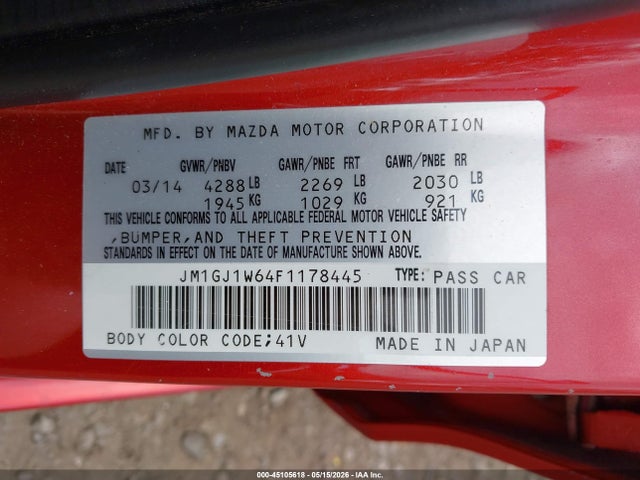 Aukcja sprzedaży 2015 Mazda Mazda6 I Grand Touring, vin: JM1GJ1W64F1178445, numer aukcji: 45105618