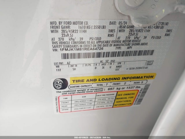 Aukcja sprzedaży 2024 Ford Expedition Platinum Max, vin: 1FMJK1M81REA64726, numer aukcji: 45105620