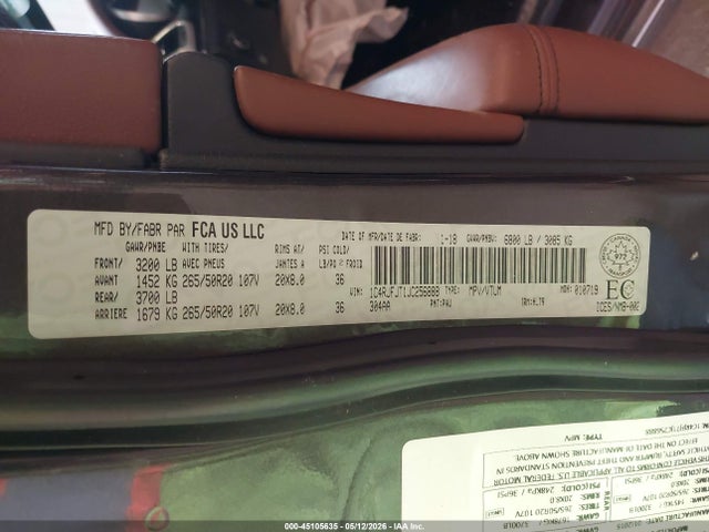 45105635 :رقم المزاد ، 1C4RJFJT1JC256888 vin ، 2018 Jeep Grand Cherokee Summit مزاد بيع