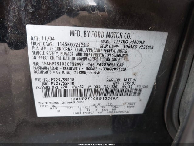 45105634 :رقم المزاد ، 1FAHP25105G132997 vin ، 2005 Ford Five Hundred Limited مزاد بيع
