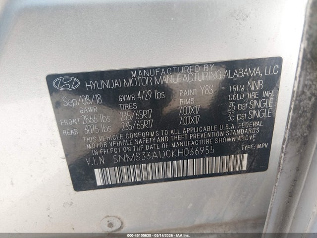 Продаж на аукціоні авто 2019 Hyundai Santa Fe Sel, vin: 5NMS33AD0KH036955, номер лоту: 45105638
