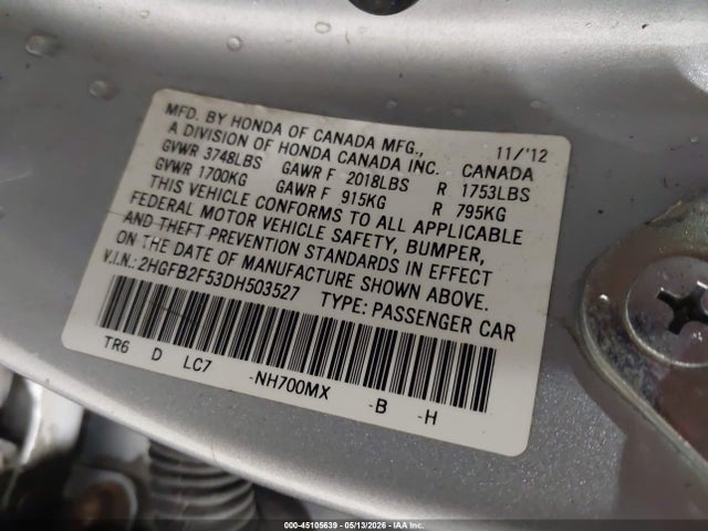 Aukcja sprzedaży 2013 Honda Civic Lx, vin: 2HGFB2F53DH503527, numer aukcji: 45105639