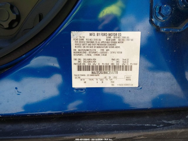 Aukcja sprzedaży 2019 Ford Ecosport Se, vin: MAJ3S2GE8KC251778, numer aukcji: 45105645