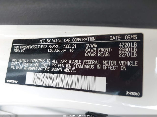 Продаж на аукціоні авто 2016 Volvo S60 T5 Drive-e Premier, vin: YV126MFK9G2391892, номер лоту: 45105647