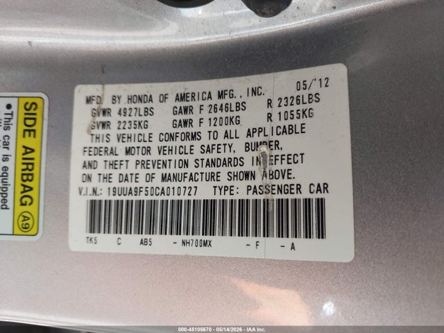 Продаж на аукціоні авто 2012 Acura Tl 3.7, vin: 19UUA9F50CA010727, номер лоту: 45105670