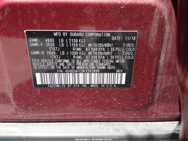 Aukcja sprzedaży 2019 Subaru Outback 2.5i Premium, vin: 4S4BSAFC0K3263998, numer aukcji: 45105674