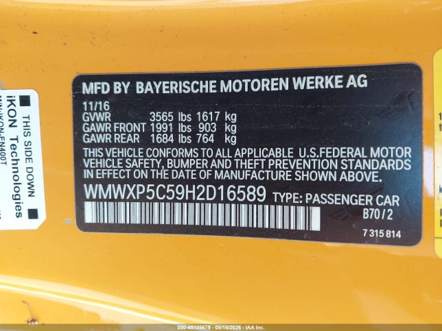 Aukcja sprzedaży 2017 Mini Hardtop Cooper, vin: WMWXP5C59H2D16589, numer aukcji: 45105679