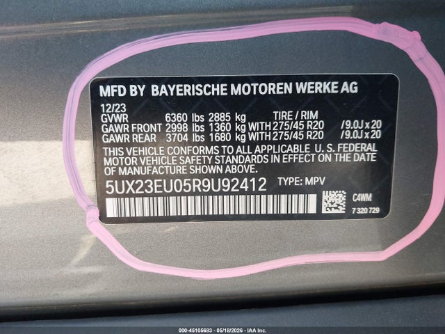 45105683 :رقم المزاد ، 5UX23EU05R9U92412 vin ، 2024 Bmw X5 Xdrive40i مزاد بيع