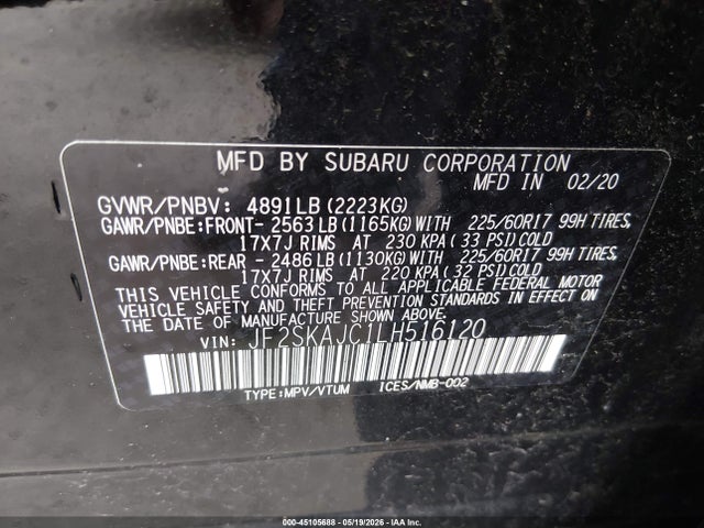 Aukcja sprzedaży 2020 Subaru Forester Premium, vin: JF2SKAJC1LH516120, numer aukcji: 45105688
