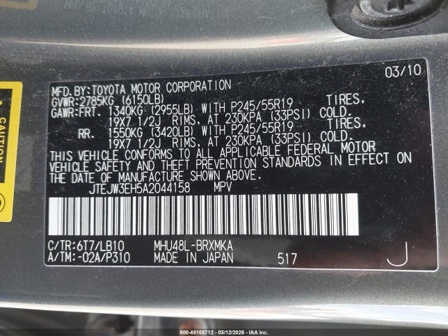 45105712 :رقم المزاد ، JTEJW3EH5A2044158 vin ، 2010 Toyota Highlander Hybrid Limited V6 مزاد بيع