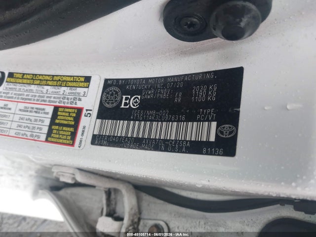 Aukcja sprzedaży 2020 Toyota Camry Se, vin: 4T1G11AK3LU976316, numer aukcji: 45105714
