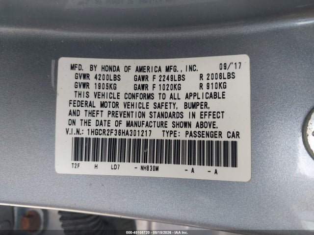 Aukcja sprzedaży 2017 Honda Accord Lx, vin: 1HGCR2F36HA301217, numer aukcji: 45105720