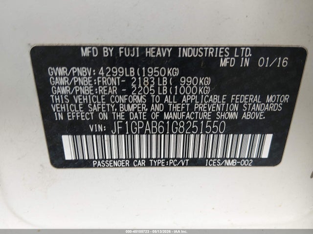 45105723 :رقم المزاد ، JF1GPAB61G8251550 vin ، 2016 Subaru Impreza 2.0i Premium مزاد بيع