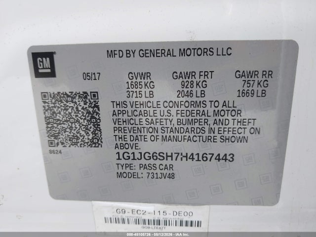 Продажа на аукционе авто 2017 Chevrolet Sonic Lt Auto, vin: 1G1JG6SH7H4167443, номер лота: 45105726