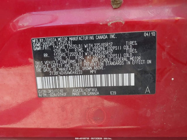Aukcja sprzedaży 2010 Toyota Rav4, vin: 2T3BF4DV6AW048233, numer aukcji: 45105730