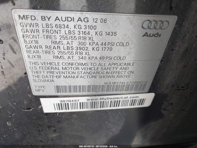 Aukcja sprzedaży 2007 Audi Q7 3.6 Premium, vin: WA1BY74L07D068312, numer aukcji: 45105733