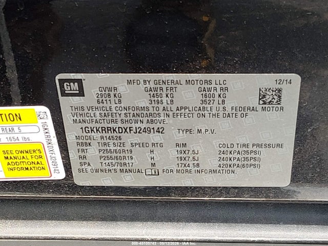 Aukcja sprzedaży 2015 Gmc Acadia Slt-1, vin: 1GKKRRKDXFJ249142, numer aukcji: 45105743