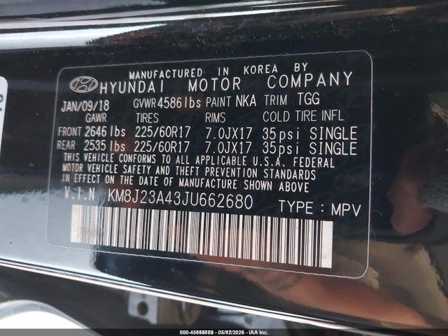 Aukcja sprzedaży 2018 Hyundai Tucson Se, vin: KM8J23A43JU662680, numer aukcji: 45105759