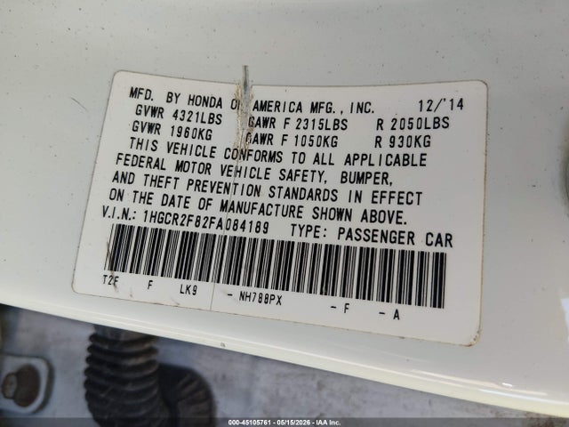 Продажа на аукционе авто 2015 Honda Accord Ex-l, vin: 1HGCR2F82FA084189, номер лота: 45105761