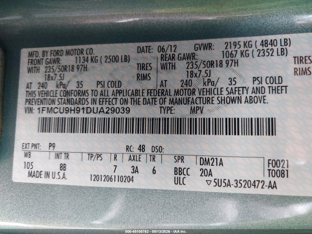 Продажа на аукционе авто 2013 Ford Escape Sel, vin: 1FMCU9H91DUA29039, номер лота: 45105762