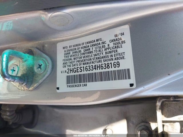 45105764 :رقم المزاد ، 2HGES16334H638169 vin ، 2004 Honda Civic Vp مزاد بيع