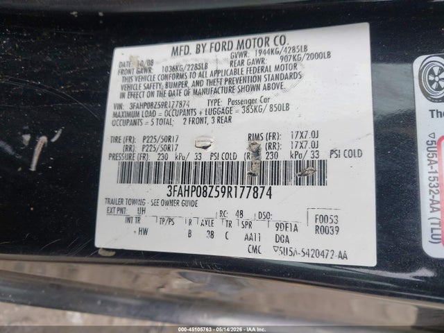 Aukcja sprzedaży 2009 Ford Fusion Sel, vin: 3FAHP08Z59R177874, numer aukcji: 45105763