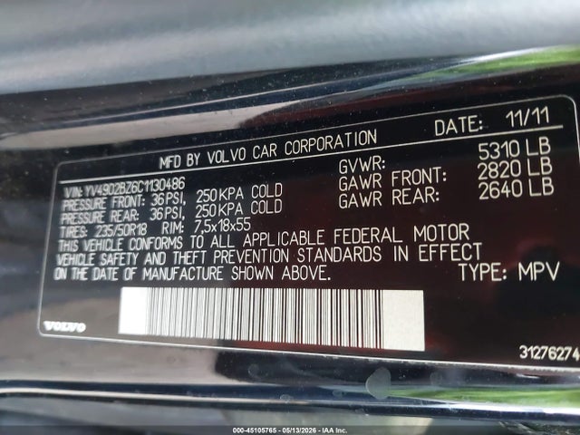 2012 Volvo Xc70 T6/t6 Platinum/t6 Premier Plus მანქანა იყიდება აუქციონზე, vin: YV4902BZ6C1130486, აუქციონის ნომერი: 45105765