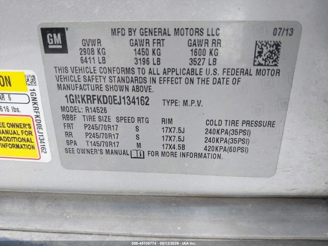 2014 Chevrolet Traverse Ls მანქანა იყიდება აუქციონზე, vin: 1GNKRFKD0EJ134162, აუქციონის ნომერი: 45105774