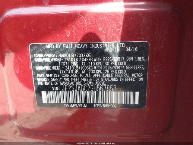 Subaru Forester 2.5i 2016 JF2SJABC2GH567858 Image 9