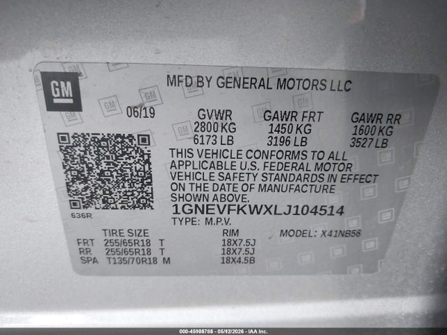 Aukcja sprzedaży 2020 Chevrolet Traverse Awd Ls, vin: 1GNEVFKWXLJ104514, numer aukcji: 45105785