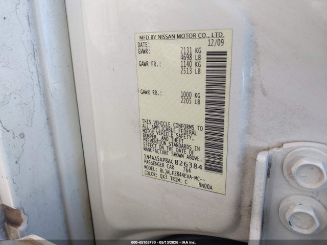 Продажа на аукционе авто 2010 Nissan Maxima 3.5 Sv, vin: 1N4AA5AP8AC826384, номер лота: 45105790
