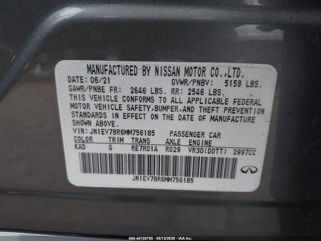 2021 Infiniti Q50 Luxe Awd მანქანა იყიდება აუქციონზე, vin: JN1EV7BR6MM756185, აუქციონის ნომერი: 45105795