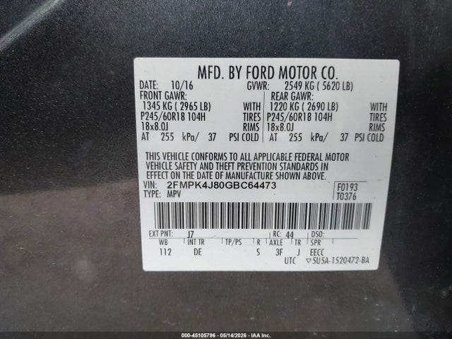 Aukcja sprzedaży 2016 Ford Edge Sel, vin: 2FMPK4J80GBC64473, numer aukcji: 45105796
