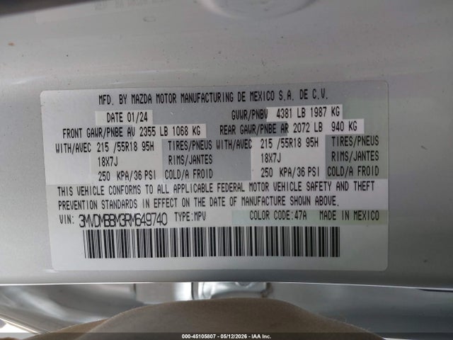 45105807 :رقم المزاد ، 3MVDMBBM3RM649740 vin ، 2024 Mazda Cx-30 2.5 S Select Sport مزاد بيع